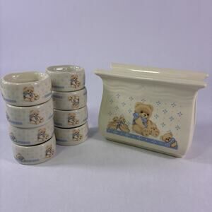 Vintage Tienshan Stoneware Country Theodore Teddy Bear Napkin Holder w/ 8 Rings